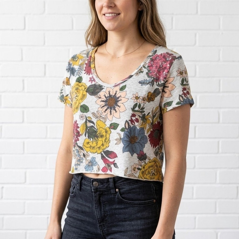 LOFT‎ Crop Tee Womens Medium Gray Floral Short Sleeve Casual Cotton T Shirt